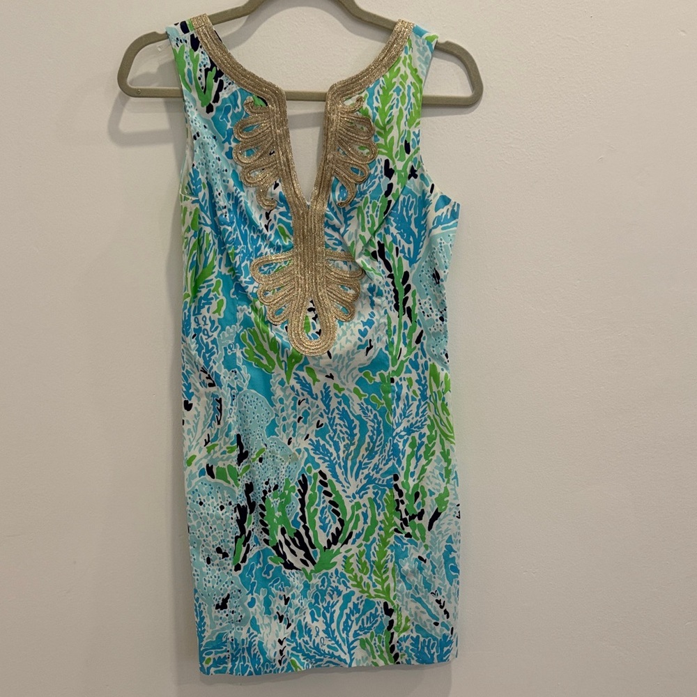 Lilly Pulitzer Janice Dress in Blue and Gold “Let’s Cha Cha” print